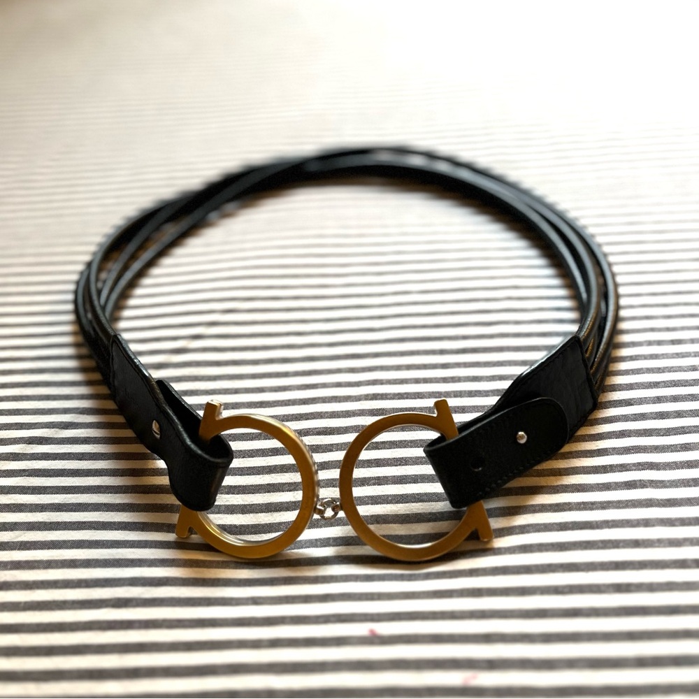 Reversible adjustable Ferragamo Black Belt with Gold/Silver Buckle
